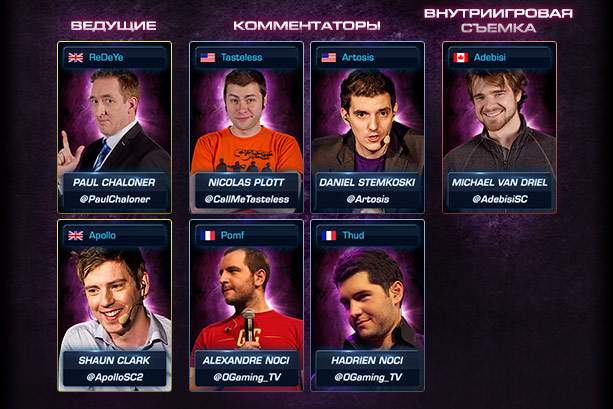Ведущие: ReDeYe и Apollo. Комментаторы: Tasteless, Artosis, Pomf и Thud. Внутриигровая съемка: Adebisi