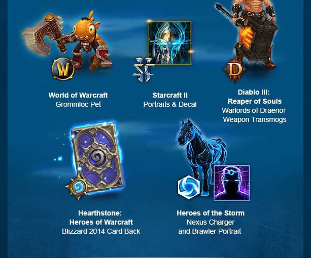 BONUS LOOT! Grommloc Pet - Portraits & Decal - Warlords of Draenor Weapon Transmogs - Blizzard 2014 Card Back - Nexus Charger and Brawler Portrait