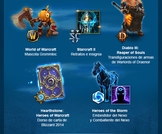 ¡RECOMPENSAS ADICIONALES! Mascota Grommloc - Retratos e insignia - Transfiguración de armas de Warlords of Dreanor - Dorso de carta de Blizzard 2014 - Embestidor del Nexo y Combatiente del Nexo