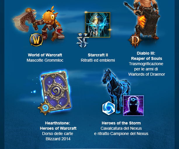 BOTTINO EPICO! Mascotte Grommloc - Ritratti ed emblemi - Trasmogrificazione per le armi di Warlords of Draenor - Dorso delle carte Blizzard 2014 - Cavalcatura del Nexus e ritratto Campione del Nexus