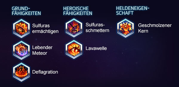 GRUNDFÄHIGKEITEN: Sulfuras ermächtigen, Lebender Meteor, Deflagration – HEROISCHE FÄHIGKEITEN: Sulfurasschmettern, Lavawelle - HELDENEIGENSCHAFT: Geschmolzener Kern
