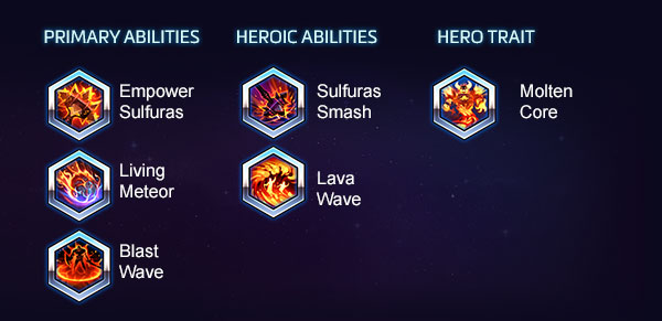 PRIMARY ABILITIES: Empower Sulfuras, Living Meteor, Blast Wave - HEROIC ABILITIES: Sulfuras Smash, Lava Wave - HERO TRAIT: Molten Core