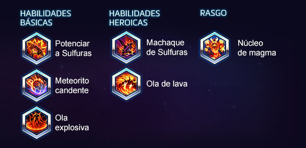 HABILIDADES BÁSICAS: Potenciar a Sulfuras, Meteorito candente, Ola explosiva - HABILIDADES HEROICAS: Machaque de Sulfuras, Ola de lava - Rasgo: Núcleo de magma
