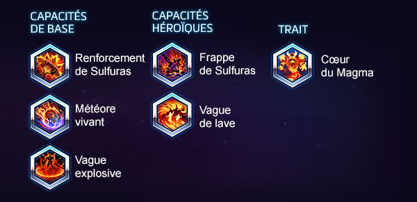 CAPACITÉS DE BASE : Renforcement de Sulfuras, Météore vivant, Vague explosive – CAPACITÉS HÉROÏQUES : Frappe de Sulfuras, Vague de lave – TRAIT : Cœur du Magma