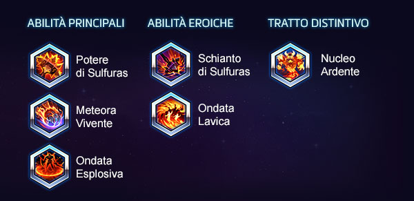 ABILITÀ PRINCIPALI: Potere di Sulfuras, Meteora Vivente, Ondata Esplosiva - ABILITÀ EROICHE: Schianto di Sulfuras, Ondata Lavica - TRATTO DISTINTIVO: Nucleo Ardente