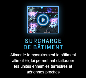 SURCHARGE DE BÂTIMENT<br />Alimente temporairement le bâtiment allié ciblé, lui permettant d’attaquer les unités ennemies terrestres et aériennes proches.<br /><br />