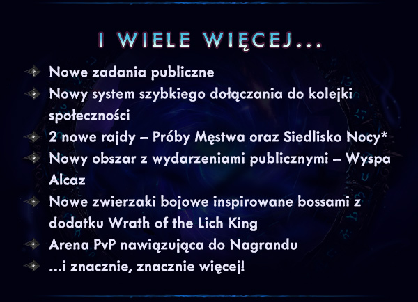 I WIELE WIĘCEJ...<br /><br />Nowe zadania publiczne<br />Nowy system szybkiego dołączania do kolejki społeczności<br />2 nowe rajdy – Próby Męstwa oraz Siedlisko Nocy*<br />Nowy obszar z wydarzeniami publicznymi – Wyspa Alcaz<br />Nowe zwierzaki bojowe inspirowane bossami z dodatku Wrath of the Lich King<br />Arena PvP nawiązująca do Nagrandu<br />...i znacznie, znacznie więcej!<br />