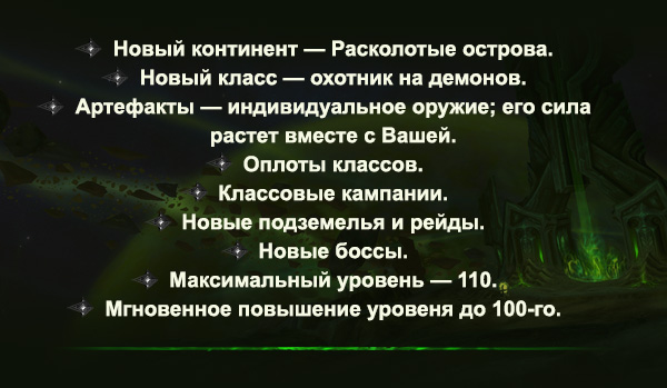 Новый континент — Расколотые острова.<br />Новый класс — охотник на демонов.<br />Артефакты — индивидуальное оружие; его сила растет вместе с Вашей.<br />Оплоты классов.<br />Классовые кампании.<br />Новые подземелья и рейды.<br />Новые боссы.<br />Максимальный уровень — 110.<br />Мгновенное повышение уровеня до 100-го.